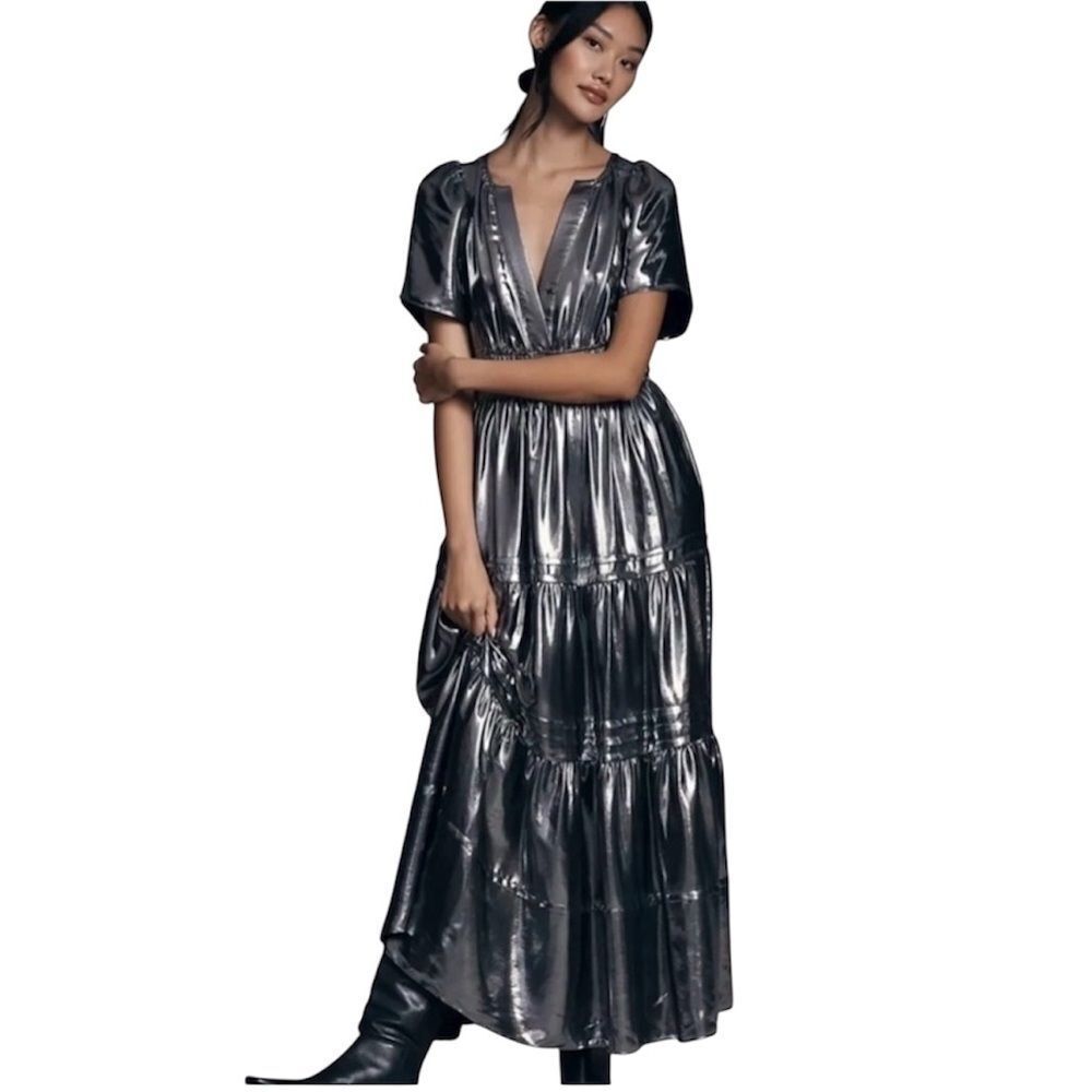 Anthropologie Somerset Metallic Silver Maxi Dress XXS